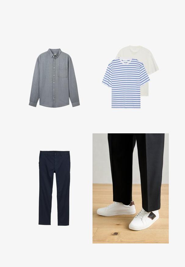 Camicia grigia con bottoni, maniche lunghe, colletto, tasca singola sul petto e tessuto texturizzato. Chiusura con bottoni visibili sul davanti.; Due magliette a maniche corte: una bianca con righe blu e una di un crema chiaro solido. Materiale in cotone morbido, design a girocollo, vestibilità rilassata.; Pantaloni leggeri blu navy con texture morbida, design a gamba dritta, chiusura con bottone e tasche laterali.; Sneakers bianchi dalla texture liscia, con dettagli in pelle marrone e particolari neri, abbinati a pantaloni neri su misura. Sfondo in parquet.