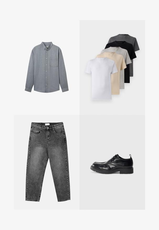 Camicia grigia con bottoni, maniche lunghe, colletto, tasca singola sul petto e tessuto texturizzato. Chiusura con bottoni visibili sul davanti.; Set di cinque t-shirt a manica corta in bianco, beige, grigio chiaro, grigio scuro e nero. Realizzate in cotone morbido, con design a girocollo.; Jeans neri con lavaggio, a gamba dritta, con tasche frontali e posteriori, passanti per cintura e chiusura a bottone in vita.; Scarpe da uomo in pelle nera con punta arrotondata, chiusura con lacci e una cucitura decorativa. Presentano una suola in gomma spessa e texturizzata e un tassello sul tallone.
