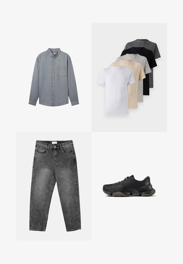 Grå skjorte med lange ermer, krage, en enkelt brystlomme og et strukturert stoff. Lukket med synlige knapper foran.; Sett med fem kortermede t-skjorter i hvit, beige, lys grå, mørk grå og svart. Laget av glatt bomull, med rund hals design.; Svarte, tvättade, rette jeaner med front- og baklommer, beltehemper og knappelukking i livet.; Svart atletisk sneakers med teksturert såle, overdel i lær og semsket skinn, polstret krage og snøring, vist i sideprofil.