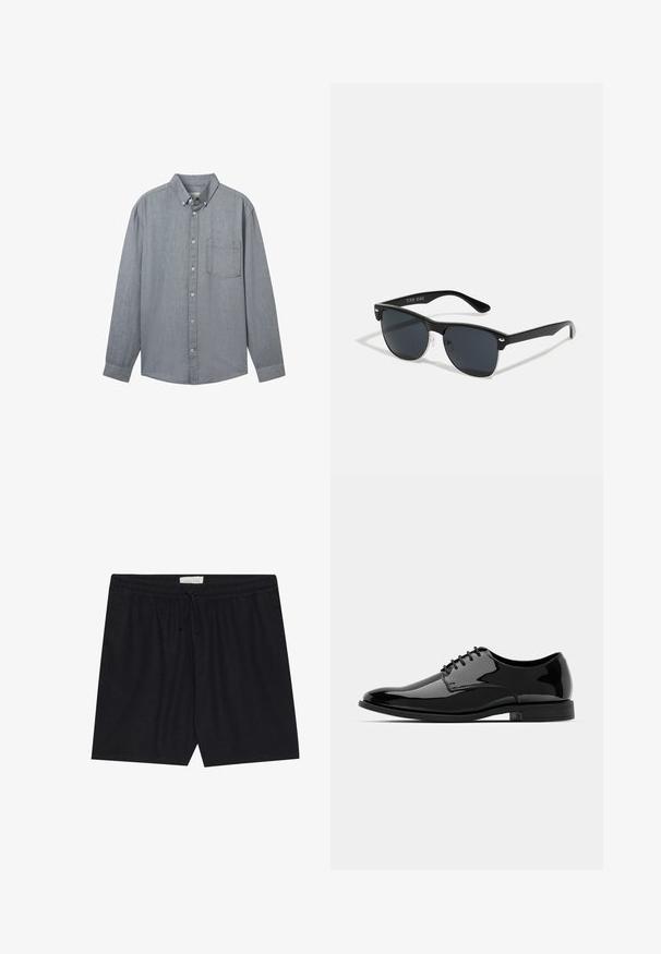 Siva košulja s dugim rukavima, ovratnikom, jednim džepom na prsima i teksturiranim materijalom. Zakopčana je vidljivim gumbima sprijeda.; Crne kratke hlače s elastičnim pojasom i vezicom, s glatkom teksturom i ravnim krojem, pogodne za svakodnevno nošenje.; Crne lakirane kožne cipele s okruglim vrhom, s vezicama i glatkom, sjajnom površinom. Imaju nisku gumenu potplat.; Crne sunčane naočale pravokutnog oblika, tamne leće, srebrni detalji na sljepoočnicama i matirajuća završna obrada okvira.