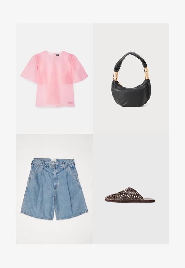 Moon Chang T-shirt con stampa - pink; Pantaloni shorts in denim azzurro chiaro con una vestibilità comoda, caratterizzati da vita alta, tasche laterali e chiusura a bottone. Texture sbiadita su tutta la superficie.; Sandal in tessuto intrecciato marrone con punta arrotondata, design aperto, suola piatta e superficie testurizzata. Materiale leggero e silhouette minimalista.; Borsa a tracolla in pelle nera con una forma rotonda, texture morbida e manico annodato con dettagli in metallo dorato. Chiusura con zip.