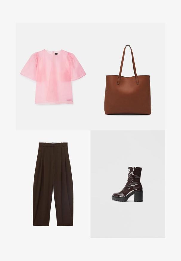 Moon Chang T-shirts print - pink; Brune højtaljede bukser med folder, lavet af glat stof. Løs pasform, straight leg design, med bæltestropper og lynlås.; Glatte burgunder ankelstøvler med en chunky sort hæl, der har en glat tekstur og et simpelt design. Ingen synlige lukninger eller mønstre.; Brun læder tote taske med en glat overflade, åben topdesign og to skulderremme. Har minimal syning og ingen synlig hardware.