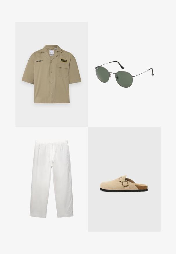 Khaki-Hemd mit kurzen Ärmeln aus Baumwolle, mit Druckknopfschluss, einer Brusttasche, gesticktem Text und einem Patch mit Logos.; Weißes Baumwoll-T-Shirt mit kurzen Ärmeln, Rundhalsausschnitt und lässigem Schnitt. Glatte Textur ohne sichtbare Muster oder Akzente.; Weiße Leinenhose mit elastischem Bund und Kordelzug, weitem Bein-Design und sauberen Nähten. Glatte Textur mit lässiger Passform.; Beige Wildleder-Slipper mit einem Korkfußbett, runder Zehenpartie und einem einfachen Riemen mit einer goldfarbigen Schnalle. Gummi-Sohle für besseren Halt.; Metallgestellte Sonnenbrille mit ovalen grünen Gläsern. Dünner silberner Metallrahmen und schwarze Ohrstücke. Minimalistisches Design, keine sichtbaren Logos.