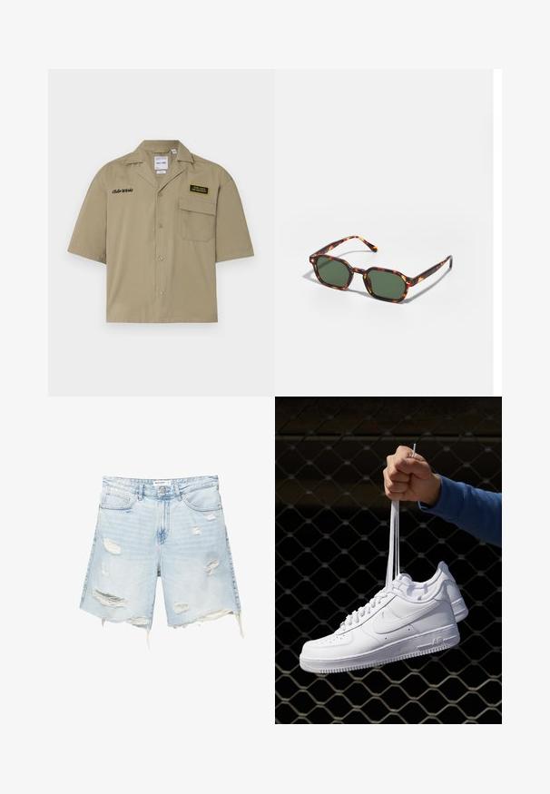 Rövid ujjú, khaki színű, pamut ing gombos elejével, mellzsebbe helyezett hímzett szöveggel és logókkal ellátott folttal.; Világoskék farmer rövidnadrág díszített részletekkel, rojtos szegéllyel, öt zsebbel, fém gombos záródással és övhurkokkal. Kényelmes, bő szabású design.; Fehér bőr sportcipők perforációval, kerek orral, lapos talppal és vastag fűzőkkel, látható swoosh logóval és "AIR" felirattal a sarokrészen.; Tortoise mintás napszemüveg zöld lencsékkel, nyolcszögletű kialakítással és vékony, ívelt karokkal. Az anyag fényes felületű.