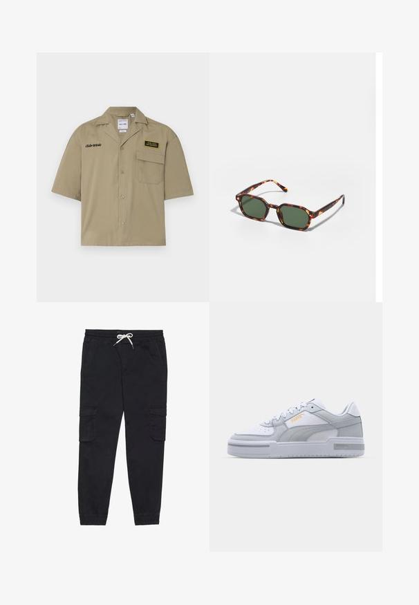 Lühikeste varrukatega khaki särgid puuvillast, nupuga ees, rindkere taskuga, brodüüritud tekstiga ja logoga paigaga.; Mustad mustad püksid, mis on valmistatud puuvillast, elastse vöökoha ja paelaga, küljetaskud ja kitsenevad varrukaotsad.; Hallide ja valged sneakerid sujuva nahast ülemise osa, augustatud varvase, paelakinnituse, tekstuursete aktsentide ja peene kuldse logoga.; Kilpkonnakuju prillid roheliste läätsega, millel on kaheksanurkne kuju ja kitsad, kaarduvad varred. Materjalil on läikiv viimistlus.