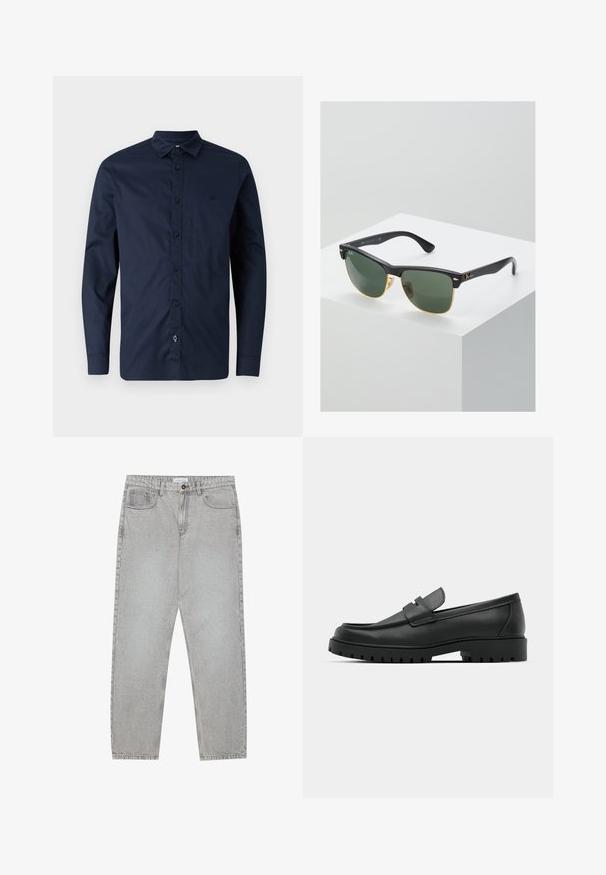 Námořnická modrá košile s dlouhým rukávem, vyrobená z bavlny, s límečkem na knoflíky, předním zapínáním na knoflíky a jemným logem na hrudi.; Světlé šedé džíny s rovnými nohavicemi, pět kapsami a knoflíkovým zapínáním. Viditelné švy podél švů.; Černé kožené mokasíny s kulatou špičkou, zdobené prošitím, s nízkou platformou a texturovanou gumovou podrážkou s drážkováním.; Sluneční brýle Ray-Ban se zelenými skly, černými plastovými rámy a zlatými akcenty na okrajích. Čtvercový tvar s matným povrchem.