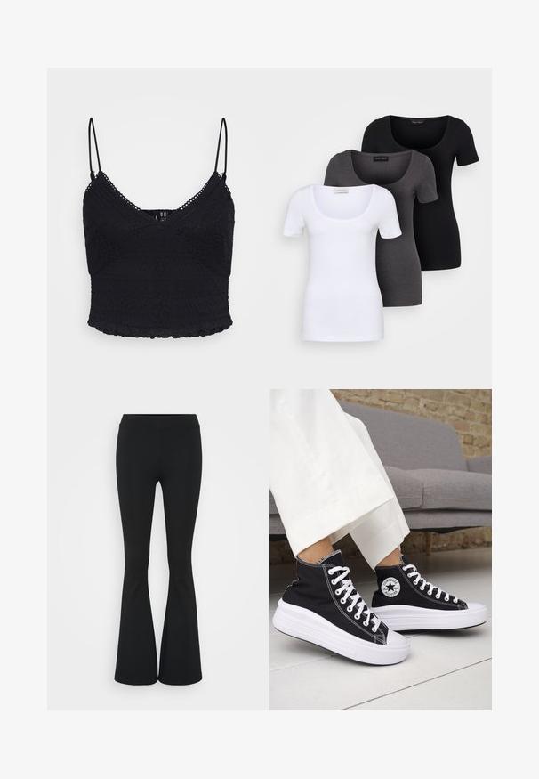 Juodas nėrinių kamerinis marškinėlis su reguliuojamomis plonomis petnešėlėmis, puikuojantis tekstūruotais raštais ir banguotu kraštu. Pusiau permatomas audinys su prigludusia forma.; Trys priderinti marškiniai: balti, pilki ir juodi. Kiekvienas turi plačią apvalią iškirptę ir trumpas rankoves. Pagaminti iš lygaus, tamprių audinio.; Juodai platėjantys kelnių, pagamintų iš tamprių medžiagų, kurie turi aukštą juosmenį ir lygią tekstūrą. Kelnės platėja nuo kelio.; Juodi aukštakulniai sportbačiai su baltais guminiu padu ir raišteliais. Ant jų yra apvalus logotipo lopas ir kontrastingos baltos siūlės. Pagaminti iš drobės medžiagos.