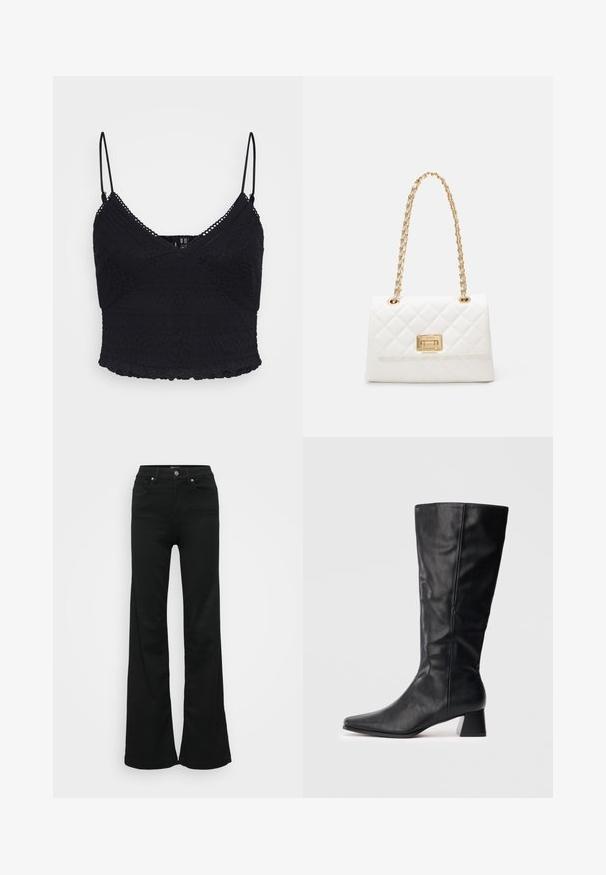 Camisole din dantelă neagră cu bretele subțiri reglabile, prezentând modele texturate și margine ondulată. Material semi-transparent cu un design ajustat.; Jeans negri evazați din denim, cu talie înaltă, cinci buzunare și închidere cu nasture metalic. Textură netedă, cu detalii minime.; Boot din piele neagră, până la jumătatea gambei, cu vârf ascuțit și toc pătrat, pe un fundal luminos simplu.; Geantă albă matlasată cu un strap din lanț auriu și un închizător rectangular. Prezintă o textură netedă și un model de cusătură geometric.