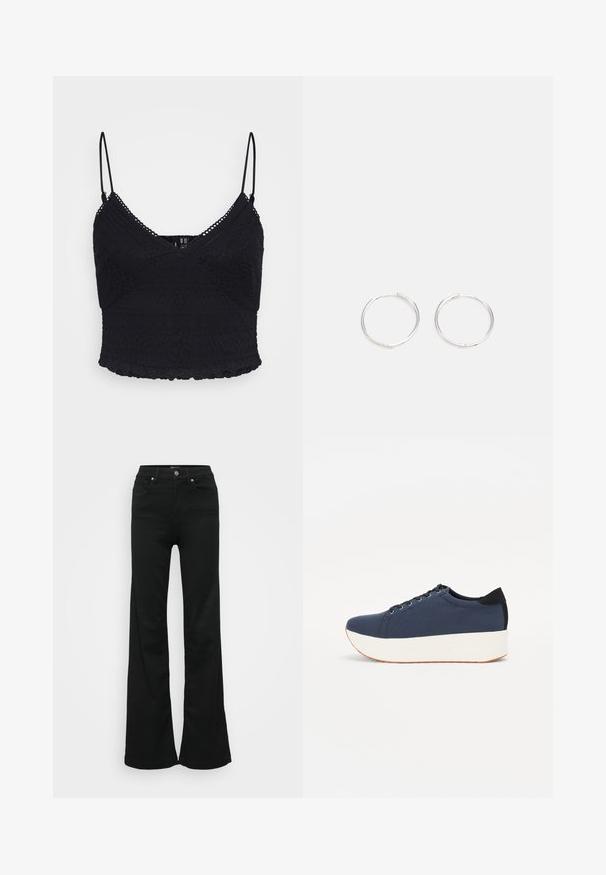 Črna čipkasta top z nastavljivimi tankimi naramnicami, ki se ponaša s textured vzorci in valovitim robom. Polprosojen material z oprijetim krojem.; Črne razširjene kavbojke iz denima, z visokim pasom, petimi žepi in kovinskim gumbom za zapiranje. Gladka tekstura z minimalnimi detajli.; Temno modri športni copati z teksturirano zgornjščino, bela platforma, okrogla konica in črn naglas na peti. Imajo šest lukenj za vezalke.; Srebrne kroglice z elegantnim, okroglim oblikovanjem, z gladko površino in brez vidnih okrasnih elementov. Premer ni določen.