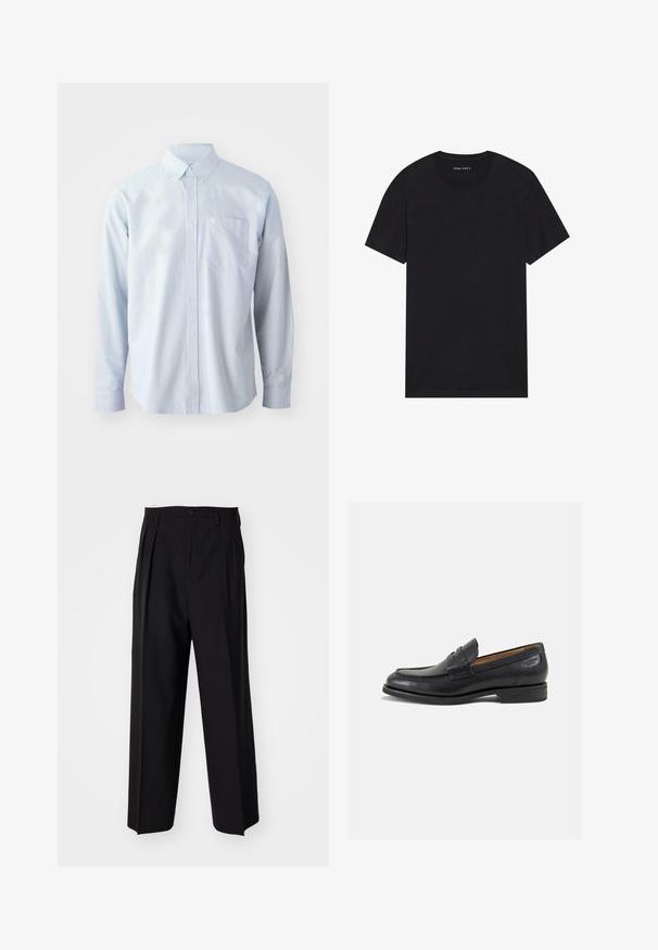 Világoskék, hosszú ujjú, pamut ing. Gombos gallérral, elülső gombokkal és bal oldalon egy mellzsebbel rendelkezik.; Fekete pamut póló rövid ujjakkal és kerek nyakkivágással. Az anyag sima textúrával rendelkezik, és egyszerű, egyszínű mintája van.; Fekete, pliszírozott nadrág, egyenes, széles lábakkal. Sima anyagból készült, gombos záródással és övhurkokkal rendelkezik.; Fekete bőr loaferek sima felülettel, lekerekített orral és díszítő varrással a lábfejen. Alacsony, réteges sarkú és enyhe fényű.