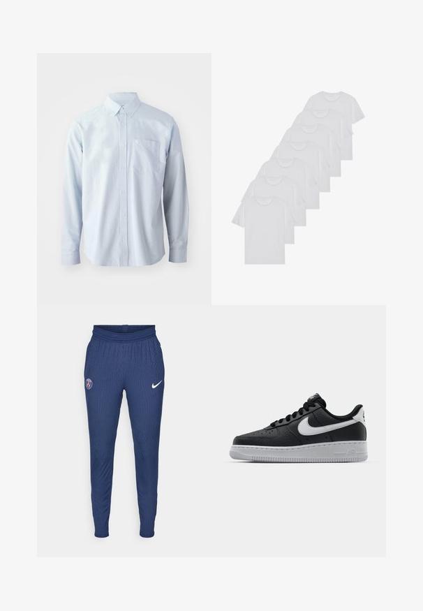 Vaaleansininen pitkähihaista paitaa, joka on valmistettu puuvillasta. Siinä on nappivalekko, etunapit ja rintatasku vasemmalla puolella.; Valkoiset puuvillapaidat, lyhyet hihat, pyöreä kaula-aukko, yksinkertainen pinta, pinottuina riviin, jossa on hienoinen brändäys kaula-aukossa.; Urheiluhausut tummansinistä tekstiiliä, joissa on tekstuuria, vasemmalla reidellä Pariisi-logo ja oikealla puolella valkoinen Nike-vippo.; Musta nahkakengät, joissa on teksturoitu pinta, valkoinen Nike -logo, harmaa pohja, pyöreä kärki ja nauhakiinnitys. Varustettu rei'illä kärkilaatikossa.