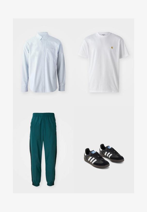 Lyseblå langermet skjorte laget av bomull. Har en skjortekrage med knapper, frontknapper og en brystlomme på venstre side.; Hvit bomull t-skjorte med korte ermer, rund hals, med en liten gulllogo på venstre brystområde. Myk tekstur og vanlig passform.; Teal idrettsbukser med snor i midjen, elastiske mansjetter og svarte striper på siden. Laget av lett materiale, med en logo nær hoften.; Svarte sneakers med overdel i semsket lær og syntetisk materiale, med tre hvite striper, strukturert gummisåle og blå logoetikett på tungen.