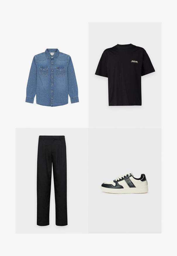 Camisa de mezclilla de manga larga en azul claro con collar puntiagudo, dos bolsillos en el pecho, botones a presión y detalles de costura reforzada. Etiqueta de la marca Wrangler en el bolsillo.; Camiseta de algodón negra con mangas cortas, cuello redondo y estampado en blanco y dorado en el frente, lado izquierdo del pecho, con un corte relajado.; Pantalones negros de tela suave, con un diseño de pierna recta, dos pliegues frontales y una cintura estándar con trabillas para el cinturón.; Zapatillas de cuero con un esquema de colores negro y crema, que cuentan con acentos perforados, un collar acolchado y una suela texturizada.