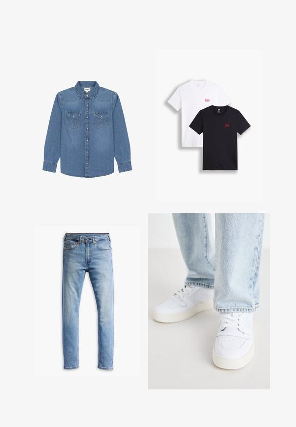 Jasnoniebieska dżinsowa koszula z długim rękawem, z wyciąganym kołnierzem, dwiema kieszeniami na klatce piersiowej, zatrzaskami oraz wzmocnionymi detalami szycia. Metka marki Wrangler na kieszeni.; Dwie koszulki z krótkim rękawem: jedna biała, a druga czarna. Obie wykonane z bawełny z czerwonym logo Levi's na piersi. Prosty design z okrągłym dekoltem.; Jasnoniebieskie dżinsy o prostym kroju, pięć kieszeni, zapięcie na guzik i delikatne przetarcia na materiale.; Białe skórzane sneakersy niskie z perforowanym noskiem, płaskimi sznurowadłami i minimalistycznym designem. Połączone z jasnoniebieskimi dżinsami.