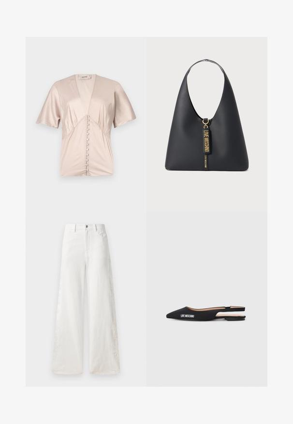 Kortermet bluse laget av glatt, lys beige sateng med dyp V-hals og dekorative knapper nederst på midten.; Hvite vide jeans laget av denim med sidebroderimønstre og tradisjonell fem-lommer-design. Glidelås med knapp.; Sorte slingback leiligheter med spisse tær, laget av glatt materiale. Har hvit "LOVE MOSCHINO" merking og et minimalistisk design.; Svart skinn skulderveske med bred stropp, gullfarget maskinvare, og to hengende merker med innpreget "LOVE MOSCHINO" i gullbokstaver.