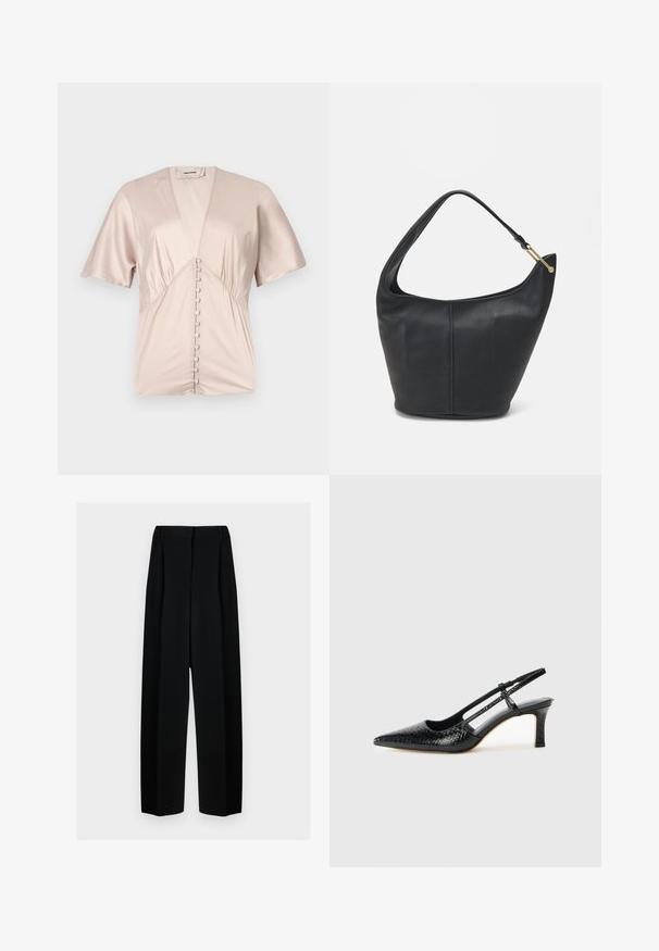 Blůza s krátkým rukávem z hladkého, světle béžového saténu s hlubokým výstřihem do V a dekorativními knoflíky uprostřed.; Černé široké kalhoty s vysokým pasem, které mají sklady a hladký povrch. Tkanina vypadá lehce a krásně se splétá.; Černé lakované slingback podpatky s špičatou špičkou, zdobené texturovaným hadím vzorem, nastavovacím páskem a krátkým texturovaným blokovým podpatkem.; Černá kožená kabelka zaobleného tvaru, s širokým popruhem a texturovaným povrchem. Obsahuje jemné švy a akcenty ve zlatém tónu.