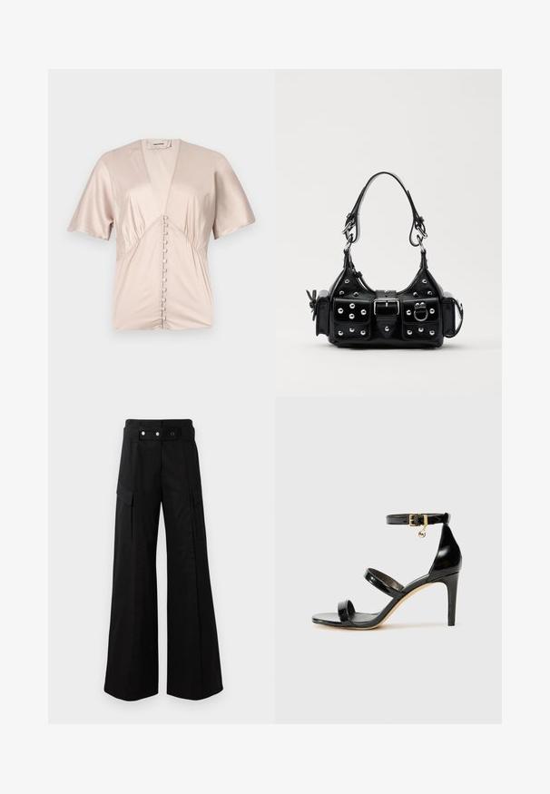 Kurzärmlige Bluse aus glattem, leichtem beigem Satin mit einem tiefen V-Ausschnitt und dekorativen Knöpfen in der Mitte.; Schwarze weit geschnittene Hose mit hohem Bund, großen Seitentaschen, zwei vorderen Knöpfen und einer Schlaufen-Detail. Aus robustem Stoff gefertigt.; Schwarze Lackleder-Sandale mit drei Riemen, Knöchelriemen und 10 cm hohen Stiletto-Absatz. Verfügt über goldfarbene Hardware-Details und ein Logo-Charm.; Schwarze Lederhandtasche mit einem geschwungenen Design, verziert mit silbernen Nieten, einer Schnalle und zwei seitlichen Taschen. Verstellbarer Träger für verschiedene Tragemöglichkeiten.