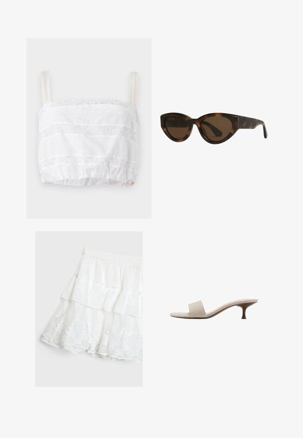 Top court blanc avec des détails en dentelle, présentant des rayures horizontales de tissu et une finition en dentelle, des bretelles ajustables et un ourlet inférieur élastiqué.; Jupe blanche à volants en tissu léger, ornée d'un design à volants et d'une bordure en dentelle florale à l'ourlet. Taille élastique.; Sandale sans talon avec une tige en tissu tissé beige, bout ouvert et semelle intermédiaire en bois courbé. Le design présente une texture lisse et une forme minimaliste.; Lunettes de soleil en forme d'œil de chat en écaille de tortue avec des verres marron, dotées de montures en plastique lisses et brillantes et d'un design élégant. Pas de logos ou d'accent visible.; Tory Burch RADZIWILL COLOR-BLOCK PEBBLED PETITE DOUBLE BAG - Sac à main - wild mushroom; Barrette blanche en forme de fleur avec un dégradé jaune clair, dotée d'un mécanisme à ressort et d'une texture en plastique lisse.