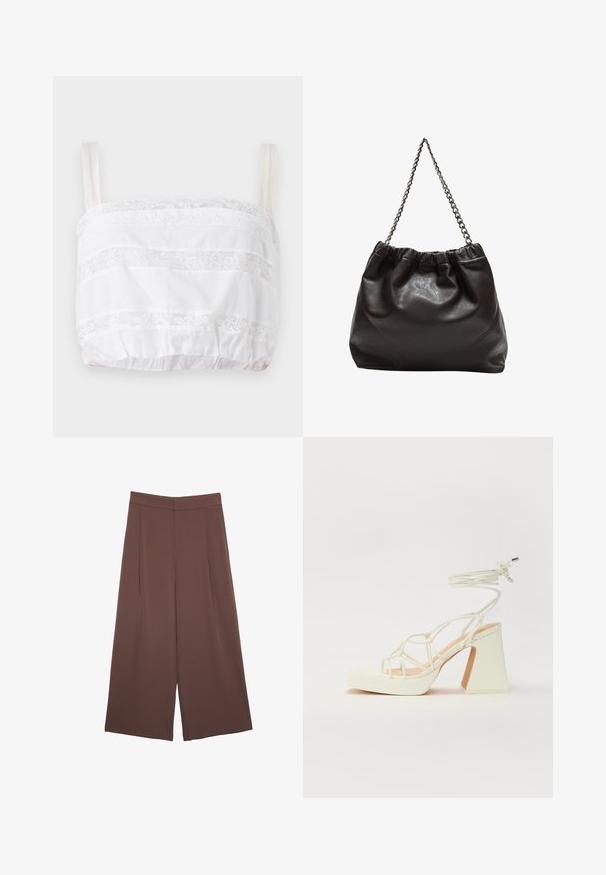 Top court blanc avec des détails en dentelle, présentant des rayures horizontales de tissu et une finition en dentelle, des bretelles ajustables et un ourlet inférieur élastiqué.; Pantalons larges marron avec une texture lisse, dotés d'une taille haute et de plis à l'avant. Le tissu est léger et tombe de manière fluide.; Sandale blanche à talons hauts avec un talon épais, présentant un design à lanières et un lien autour de la cheville. Texture lisse avec une plateforme à l'avant pour une hauteur supplémentaire.; Sac en cuir marron avec un haut froncé et une bandoulière en chaîne. Texture lisse avec une finition brillante et des coutures subtiles sur les côtés.