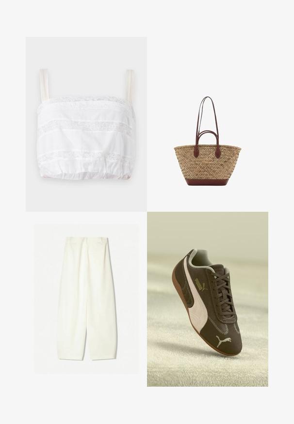 Weißes, kurzes Oberteil mit Spitzenverzierung, das horizontale Streifen aus Stoff und Spitze sowie verstellbare Träger und einen elastischen unteren Saum aufweist.; Weite Hosen aus einem weichen Creme-Stoff, mit glatter Textur, seitlichen Taschen und einem lässigen Schnitt mit mittelhohem Bund.; Braune Puma-Sneaker mit beiger Streifen und Logo, geschnürt, auf einer strukturierten beigen Oberfläche ruhend.; Geflochtene Strohttasche mit geflochtener Textur, dunkelbraunen Ledergriffen und Boden, breiter runder Form und offenes Oberteil.