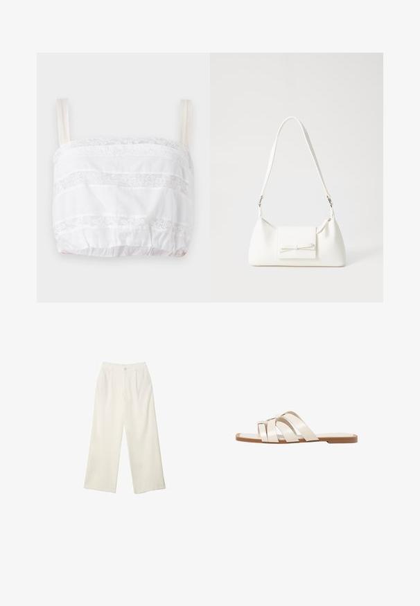 Biały krótki top z koronkowymi detalami, z poziomymi paskami materiału i koronkowym wykończeniem, regulowanymi ramiączkami oraz elastycznym dołem.; Spodnie z szerokimi nogawkami w kremowej tkaninie o gładkiej fakturze, z pojedynczym guzikiem z przodu, subtelnymi plisami i wysokim stanem.; Płaskie sandały z brązową gumową podeszwą, zaprojektowane z trzema nakładającymi się na siebie białymi skórzanymi paskami i małym detalem w postaci kokardy na środku.; Biała syntetyczna torba o trójkątnym kształcie, płaskim przednim klapce i detalach w postaci kokardy, regulowanym pasku, gładkiej fakturze oraz minimalistycznym designie.
