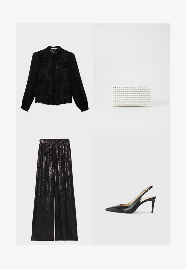 Alice + Olivia Košilová halenka - gardenia black; Černé, široké kalhoty vyrobené z flitrové látky, s strukturovaným povrchem a elastickým pasem pro pohodlné nošení.; Černé kožené lodičky na podpatku s špičatou špičkou, nastavitelným páskem a elegantním jehlovým podpatkem, vyznačující se hladkým povrchem.; Bílá kabelka zaobleného tvaru s texturovaným povrchem pokrytým stříbrnými cvoky. Má tenký popruh na rameno a elegantní zapínání.