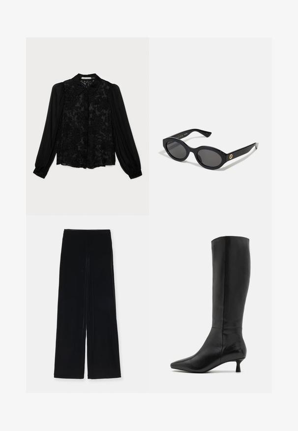 Alice + Olivia Skjortebluser - gardenia black; Emporio Armani PANTALONI - Bukser - nero; Zign Høje støvler/ Støvler - black; Sorte ovale solbriller med mørke linser og blank plastramme. Har et guldlogo på stykket, hvilket giver et slankt og moderne design.