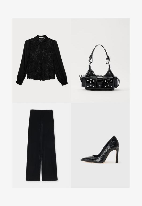 Alice + Olivia Paitapusero - gardenia black; Emporio Armani PANTALONI - Housut - nero; Musta kapea nilkkakorkokenkä krokotiilin nahkakuviolla, joka on varustettu tyylikkäällä muotoilulla, korkealla stiletto-korkealla ja sileällä mustalla sisäosalla.; Musta nahkainen käsilaukku, jossa on kaareva muotoilu, hopeiset niitit, solki ja kaksi sivutaskua. Säädettävä olkahihna erilaisiin kantovaihtoehtoihin.