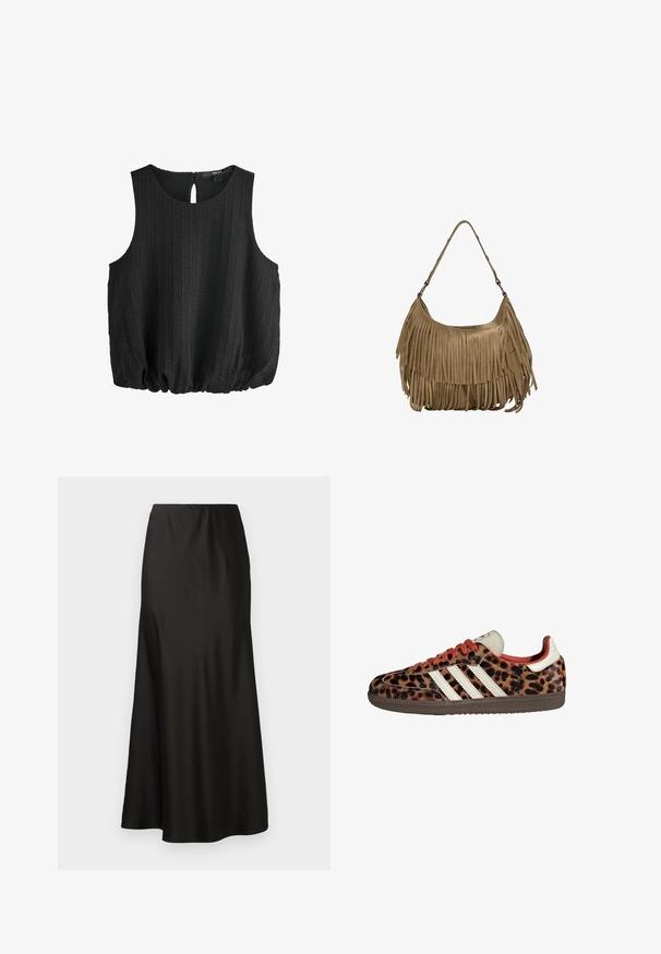 Czarny bezrękawnik z teksturowanej tkaniny, okrągłym dekoltem i detalem w formie okienka z tyłu. Posiada marszczony dół, co zapewnia luźny fason.; Czarna satynowa spódnica maxi o gładkiej fakturze, z wysokim stanem i rozszerzanym dołem. Charakteryzuje się prostym wzornictwem, bez widocznych wzorów czy elementów metalowych.; Sneakers w nadrukiem lamparta z zamszowego materiału, czerwonymi sznurówkami i trzema białymi paskami z boku. Wyróżniają się kremowym językiem i brązową podeszwą.; Brązowa torebka z zamszu z długimi frędzlami, o zakrzywionym kształcie i pojedynczym paskiem na ramię. Posiada gładką, teksturowaną powierzchnię.