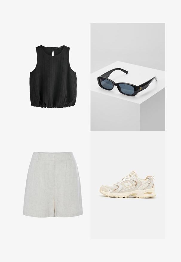 Black sleeveless top with textured fabric, round neckline, and a keyhole back detail. Features a gathered hem for a relaxed fit.; LASCANA SHORTS - Shorts - sand; Beige athletic shoes with mesh and synthetic overlays, featuring a textured surface, padded collar, and "ABZORB" cushioning at the heel.; Black rectangular sunglasses with tinted blue lenses, thick frames, and a gold circular accent on the side. Sleek, shiny finish.; Black leather bucket bag with drawstring closure, featuring a glossy "CK" logo on the front and gold-tone hardware accents.