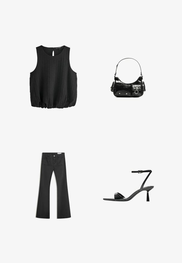 Sort ærmeløs top med tekstureret stof, rund halsudskæring og detalje med nøglehul i ryggen. Har en draperet kant for en afslappet pasform.; Sorte flared jeans lavet af denim med en glat tekstur, som har to baglommer og en knaplukning i taljen.; Bershka Højhælede sandaletter / Højhælede sandaler - black; Sort patenteret læder håndtaske med en buet form, en skulderrem, frontlommer og hardware accenter i sølvfarve.