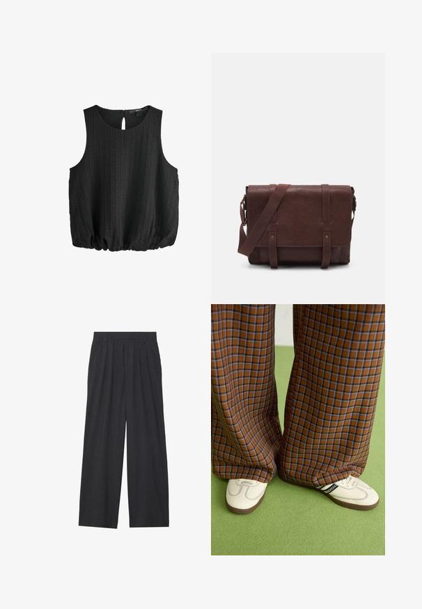 Zwarte mouwloze top van textuurstof, met een ronde halslijn en een sleutelgatdetail aan de achterkant. Heeft een gatherszoom voor een relaxte pasvorm.; Wijd-uitlopende broeken van donkergrijze stof. Kenmerken zijn plooien bij de taille, een tailor-made ontwerp en een rechte silhouet.; Bruine en blauwe geruite wijde broek, gecombineerd met witte schoenen met zwarte accenten en een gestructureerde zool, gezet tegen een groene achtergrond.; Bruine lederen schoudertas met een platte voorflap, twee banden, gouden hardware-accenten en een verstelbare schouderband.
