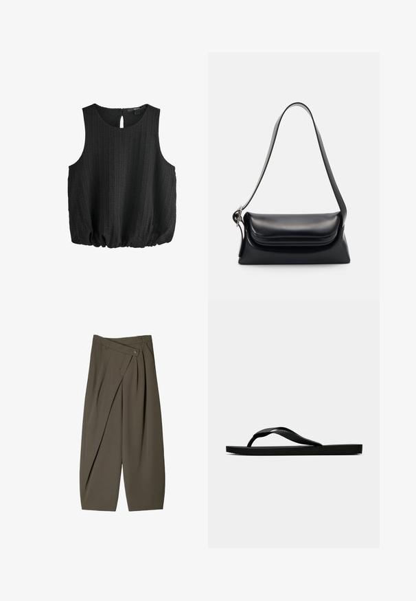 Top senza maniche nero in tessuto testurizzato, con scollatura rotonda e dettaglio a chiave sulla schiena. Presenta un orlo arricciato per una vestibilità rilassata.; Pantaloni larghi in tessuto verde oliva scuro, con un design frontale plissettato, chiusura con bottone e una superficie lucida e strutturata.; Infradito in gomma nera con cinturino testurizzato e suola piatta semplice, mostrati di lato su uno sfondo chiaro e uniforme.; Borsa a tracolla nera in pelle con una forma strutturata, una texture liscia e una singola tracolla. Presenta un design a patta arrotondata e discreta.