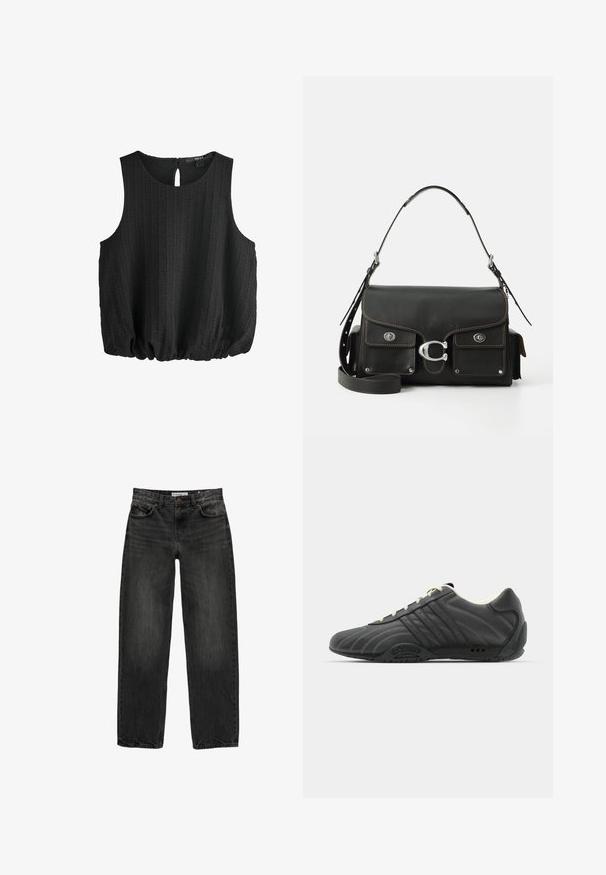 Crna majica bez rukava od teksturirane tkanine, s okruglim dekolteom i detaljem u obliku ključanice na leđima. Ima naborani rub za opuštenu siluetu.; Crne traperice od denima s opuštenim krojem, ravnim nogavicama, dizajnom s pet džepova i blago izblijedjelom teksturom. Zaključavanje na dugme i patentni zatvarač sprijeda.; adidas Originals ADIRACER UNISEX - Tenisice - core black/cream white; Crna kožna torba s poklopcem, srebrnim dodacima, dva prednja džepa, kontrastnim šavovima i odvojivom naramenicom.