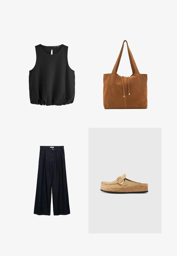 Zwarte mouwloze top van textuurstof, met een ronde halslijn en een sleutelgatdetail aan de achterkant. Heeft een gatherszoom voor een relaxte pasvorm.; Donkerdenim wijde-broek met een hoge taille, voorzien van een sluiting met knoop aan de voorkant, twee zijzakken en stikdetails.; Beige klompen met een brede band en gouden gesp, gemaakt van zacht materiaal, met een kurken middenzool en een gestructureerde zwarte rubberen zool.; Bruine suède schoudertas met twee lange hengsels, trekkoordsluiting en minimalistisch ontwerp. Gladde textuur en geen zichtbare hardware-accenten.