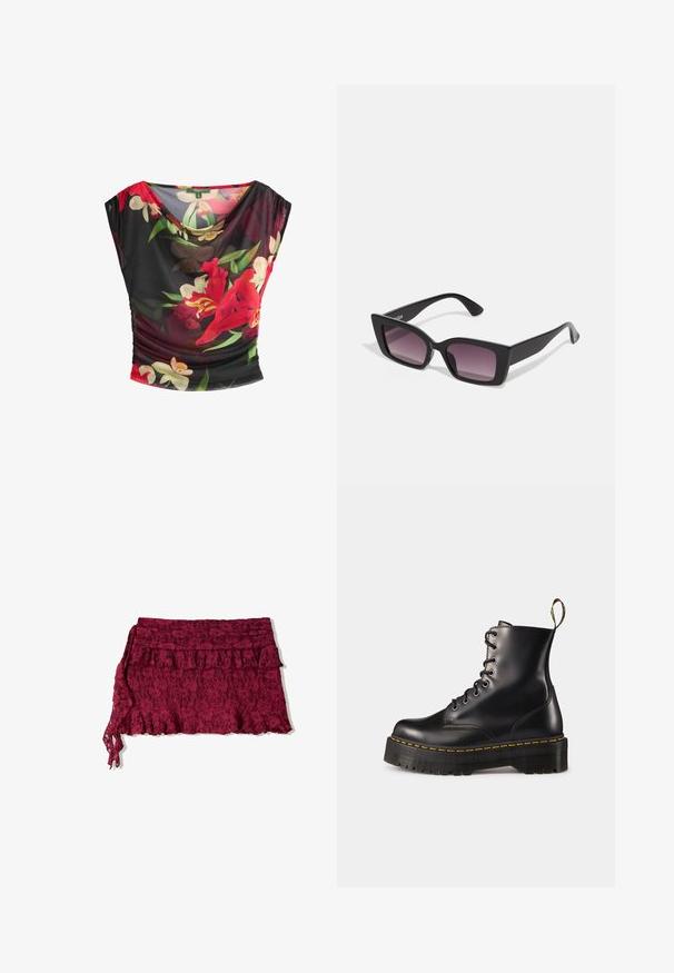 Virágmintás felső fekete hálós anyagból, piros és fehér virágmintákkal, redőzött dekoltázs és rövid, széles ujjak.; Bordó csipkés szoknya fodros szegéllyel és többszintű kialakítással. Puha tapintása van, az egyik oldalán állítható megkötéssel.; Fekete bőrből készült, fűzős bokacsizma masszív fekete talppal és sárga varrással. Hátsó húzófüllel és kör alakú fémszemekkel rendelkezik.; Fekete, téglalap alakú napszemüveg, átlátszó lila lencsékkel, vastag, szögletes műanyag kerettel és karcsú fekete szárakkal.