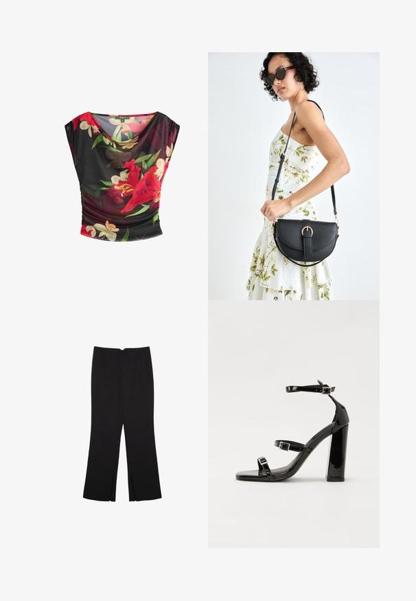 Kwiatowa bluzka z czarnej siateczki w czerwone i białe wzory kwiatowe, z dekoltem w drapowaniu i krótkimi, szerokimi rękawami.; Czarne spodnie o prostym kroju, z przednimi kieszeniami i bocznymi rozcięciami na dole. Wykonane z miękkiego, gładkiego materiału. Odpowiednie na różne okazje.; Czarne lakierowane sandały na obcasie z kwadratowym noskiem, z paskami wokół kostki i srebrnymi klamrami. Posiadają masywny słupek dla stabilności.; Czarna skórzana torebka o zakrzywionym kształcie, z odpinanym paskiem i złotymi akcentami. Torebka posiada klapę z zapięciem w kształcie klamry.