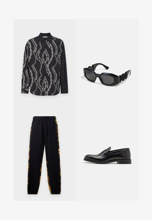 Juodas ilgos rankovės marškinis, kuriame yra grandinės raštas ir tekstas "Versace Jeans Couture", pagamintas iš lygaus, lengvo audinio.; Juodos sportinės kelnės su elastingu juosmeniu ir rema, pasižyminčios aukso ir juodų gėlių rašo šoninėmis juostomis.; Juodos odinės loafers, turinčios lygų paviršių, apvalią noselę ir dekoratyvinę juostą per priekinę dalį. Žemas krentantis kulnas, minimalistinis dizainas.; Juodos saulės akinių su plačiu, kampuotu rėmu ir tamsiais lęšiais. Savybės: tekstūruotos juodos šoninės dalys ir apvalus logotipo akcentas ant šventyklių.