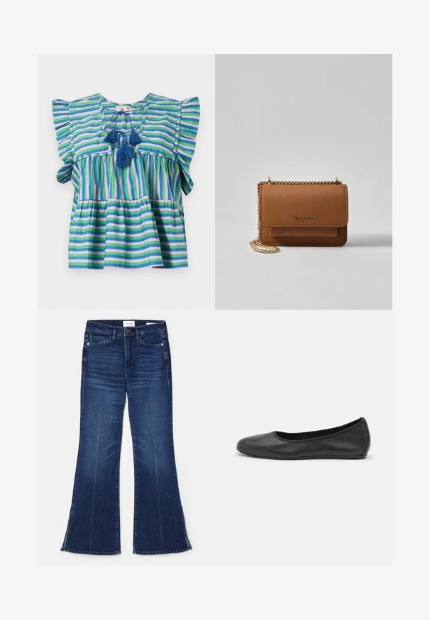 Stripet bomullskjorte med korte volangermer, prydet med blå, grønn og lilla striper, og tre blå dusketråder i halsen.; Mørkeblå flagrende jeans laget av denim. Har høy midje, frontlommer og splittdetaljer ved kanten. Klassisk femlommers design.; Svart skinnballettflatt med rund tå, glatt tekstur, minimal sømdetalj, og et fleksibelt såledesign.; Brun teksturert lær crossover-veske med gullkjede-stropp og klaffelukking. Fronten har logo-detalj og en lomme under klaffen.