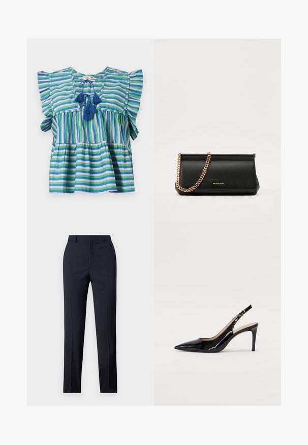 Striped cotton blouse with short ruffled sleeves, featuring blue, green, and purple stripes, and three blue tassels at the neck.; Navy tailored trousers with a straight cut, featuring a smooth texture, two front pockets, and a clean waistband.; Black patent leather slingback pump with pointed toe, slim heel, and a subtle cutout design. Features a gold buckle on the strap.; Black leather clutch bag with a gold chain strap, featuring a smooth texture, rectangular shape, and embossed branding on the front.