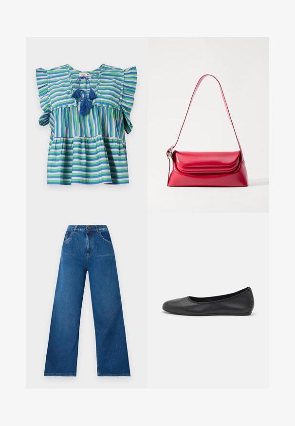 Striped cotton blouse with short ruffled sleeves, featuring blue, green, and purple stripes, and three blue tassels at the neck.; Wide-leg jeans in dark blue denim with a high waist, featuring front and back pockets, and contrast stitching details.; Black leather ballet flat with a rounded toe, smooth texture, minimal stitching detail, and a flexible sole design.; Red leather handbag with a structured shape, smooth texture, and a single adjustable strap. Features a rounded flap closure.