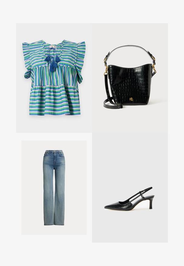 Svītraina kokvilnas blūze ar īsām rīsu piedurknēm, kas rotāta ar ziliem, zaļiem un violetiem svītrām, un trīs ziliem pušķiem pie kakla.; Augstās vidukļa taisnās kājas zilos džinsos ar priekšējām kabatām, jostu cilpiņām un pogu aizdari, ar maigi izbalējušu detaļām.; Melna patent āda ar slīdošo papēdi un smailo purngalu, ar teksturētu čūsku drukājumu, regulējamu siksniņu un īsu teksturētu blokpapēdi.; Melnas krokodila raksts ādas soma ar izliekta formu, zelta aparatūru, regulējamu siksnu un logotipa detaļu priekšpusē.