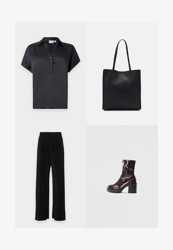Camisa preta de mangas curtas com abertura de botões, gola e textura suave. Design simples com um corte reto e sem padrões visíveis.; Calças pregueadas pretas com uma cintura elástica. Apresentam pernas largas e um tecido liso, texturizado com riscas verticais.; Bota de tornozelo burgundy brilhante com um salto preto robusto, apresentando uma textura suave e um design simples. Sem fechos ou padrões visíveis.; Bolsa tote preta em couro com textura lisa, forma retangular e duas alças longas. Sem hardware ou enfeites visíveis.