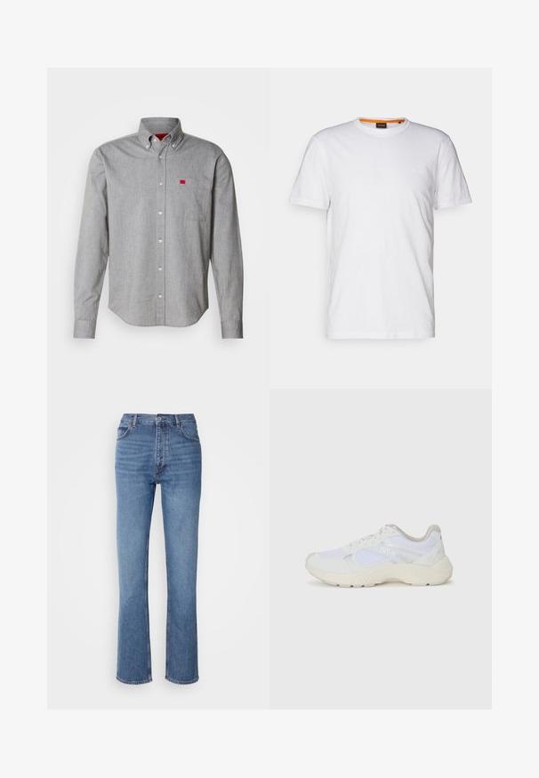 Hallikas nööpidega särk puuvillakangast, millel on rinnatasku ja väike punane logo. Pehme tekstuur, struktureeritud krae ja pikad varrukad.; Valge puuvillane T-särk ümmarguse kaelusega, lühikeste varrukatega ja rinna peal diskreetse reljeefse logoga. Siseetiketil on oranž detail.; Sinised denim teksad kõrge vöökoha, sirge jala disaini ja kerge pleekimisega. Omavad klassikalist viit taskut ja tõmbluku sulgemist.; Valged sportlikud jalanõud, mis on valmistatud võrkkangast ja seemisnahast, sisaldavad tekstureeritud vahetald, tekstureeritud aktsentide ning küljes oleva "HUGO" logo.