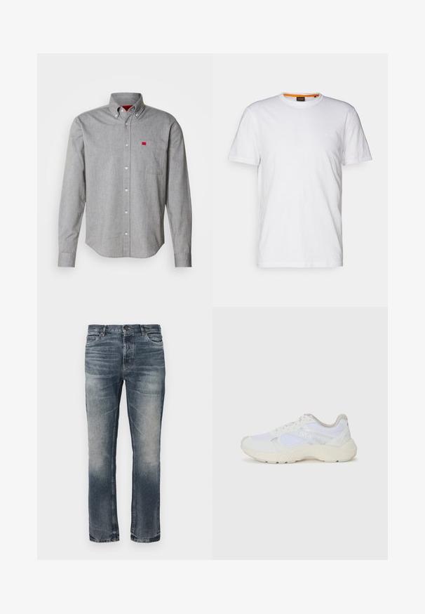 Cămașă gri cu guler înalt, din material de bumbac, având un buzunar pe piept cu un mic logo roșu. Textură moale, guler structurat și mâneci lungi.; Tricou alb din bumbac, cu guler rotund, mâneci scurte și un logo subtil embosat pe piept. Eticheta interioară are un accent portocaliu.; Jeanși din denim albastru cu croială dreaptă. Zone ușor decolorate, design clasic cu cinci buzunare și un singur nasture metalic la talie.; Adidași albi, din plasă și piele întoarsă, cu o talpă intermediară texturată, accente texturate și logo-ul "HUGO" pe lateral.
