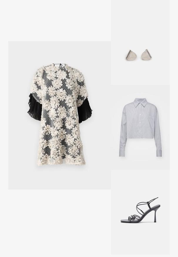 Lyhyeksi leikattu napitettava paita sinivalkoisilla raidoilla, jossa on klassinen kaulus, pitkät hihat ja yksi rintatasku. Sujuva kankaan rakenne.; Kukallinen mekko, joka on valmistettu läpikuultavasta kankaasta, jossa on beigejä kukkia harmaalla pistekuviolla; mustat laskostetut lyhyet hihat tuovat tekstuuria.; Mustat korkokengät sandaalit, joissa on ohuet hihnat solmittuna, sileä neliön muotoinen varvasosa ja tyylikäs stiletto-korko.; Hopea metalliset korvakorut, joissa on sileä, pisaramainen muoto ja kiillotettu pinta. Huomaamattomat kaiverrukset lisäävät yksityiskohtia. Minimalistinen muotoilu.