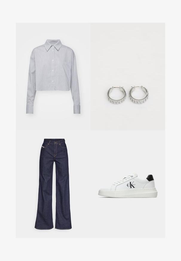 Zkrácená košile na knoflíky v modro-bílých pruzích, s klasickým límcem, dlouhými rukávy a jednou kapsou na prsou. Hladká textilie.; Tmavě modré džíny s širokým střihem vyrobené z denimové tkaniny, s vysokým pasem, oranžovým prošíváním, pěti kapsami a zapínáním na knoflík.; Bílé nízké tenisky s černým patním tabem, platformovou podrážkou, tkaničkami a logem Calvin Klein "CK" na boku.; Stříbrné kruhové náušnice s texturovaným designem a vertikálními drážkami. Kulatý tvar s pevným uzávěrem. Hladký povrch.