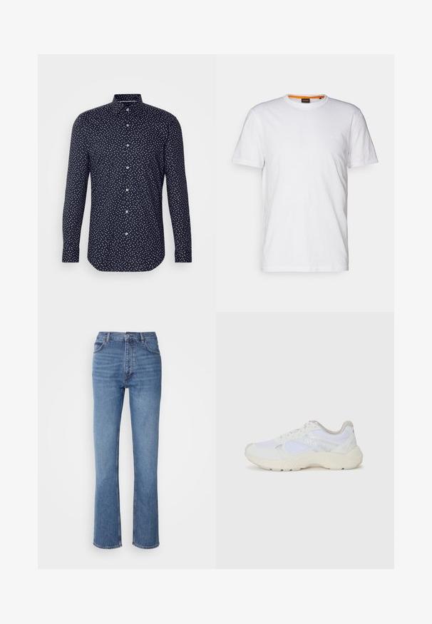 Camisa azul-marinho com colarinho abotoado, apresentando um padrão de pontos brancos dispersos. Manga longa com fechos de botão e uma bainha curva.; T-shirt de algodão branco com decote redondo, mangas curtas e um logo em relevo discreto no peito. A etiqueta interior tem um detalhe laranja.; Jeans de ganga azuis com cintura alta, design de perna reta e um desbotado subtil. Apresenta o clássico estilo de cinco bolsos e um fecho com fecho éclair.; Ténis brancos desportivos feitos de malha e camurça, com uma entressola texturizada, elementos texturizados e o logótipo "HUGO" na lateral.