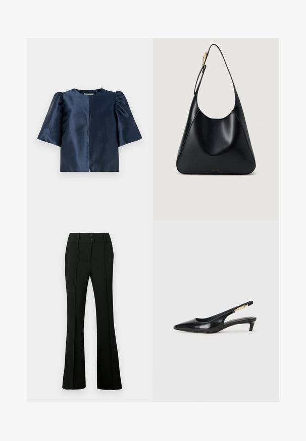 Marine satengbluse med puffarmer, rund halsutringning og en rett åpning foran. Har en jevn, glansfull tekstur.; Svarte vide bukser med glatt stoff, høy midje med to knapper og folder foran, som gir et skreddersydd utseende.; Sorte lærreim hæler med spiss tå, som har en slank hæl og en gullfarget detalj på den justerbare stroppen. Glatt tekstur.; Svart lær skulderveske med glatt tekstur, buet silhuett og gullfarge detaljer. Har preget merkevarelogo nederst.