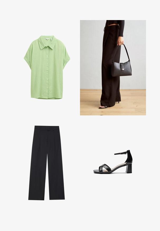 Kurzärmliges, geknöpftes Hemd aus hellgrünem Stoff. Verfügt über einen klassischen Kragen, eine lässige Passform und eine glatte Textur.; Schwarze weit geschnittene Hosen mit glatter Textur, ausgestattet mit zwei vorderen Falten, einem Bund und ohne sichtbare Hardware oder Taschen.; Schwarze offene Sandale mit Absatz, gekreuzten Riemen, verstellbarem Knöchelriemen und einem klobigen Absatz, ausgestattet mit einer glatten Ledertextur.; Schwarze Handtasche mit strukturierter Form, glatter Textur und einem metallischen Verschluss. Kombiniert mit weiten schwarzen Hosen und offenen Sandalen auf einem Holzboden.